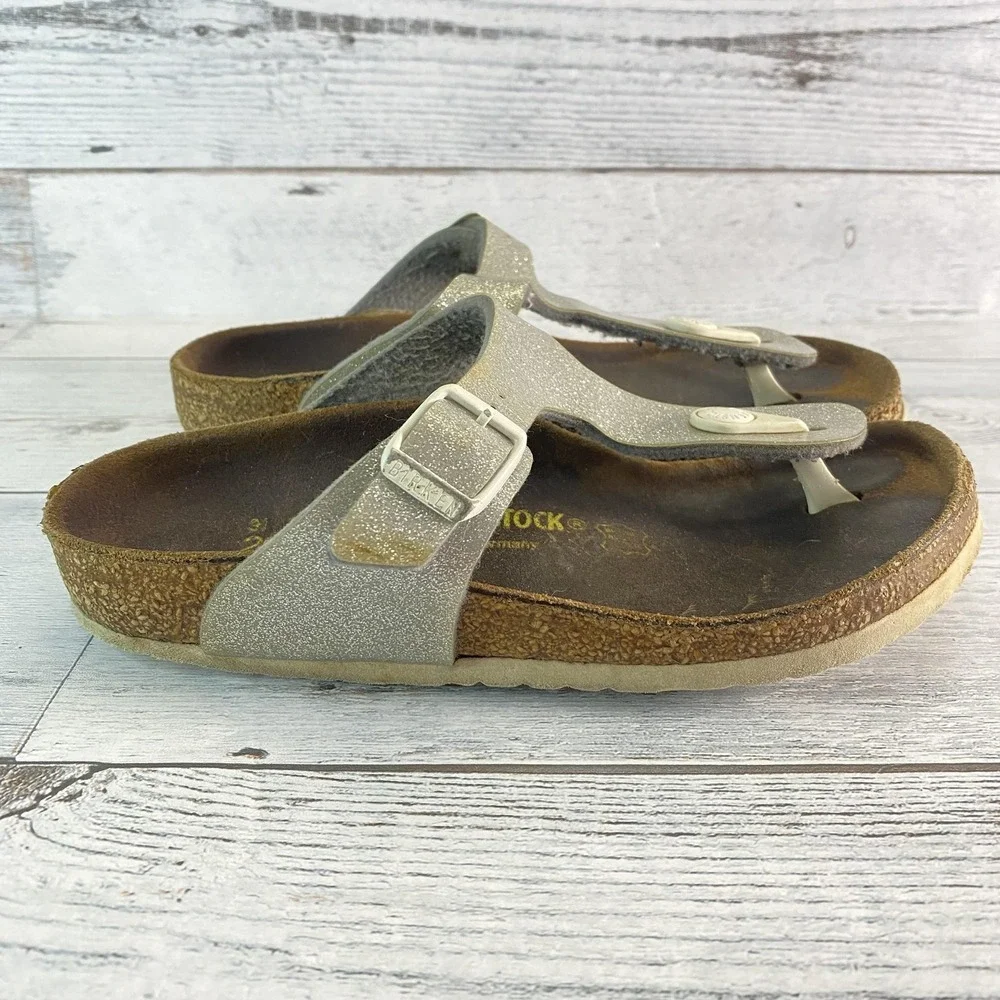 Birkenstock Sandals Girls 13 Silver Gizeh Glitter Thong Flip Flop Buckle Strappy